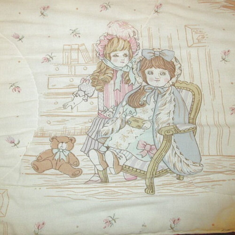 Vtg Victorian Doll Crib Quilt Toddler Bed Reversible Horse Bear Girl Friends - Picture 6 of 13